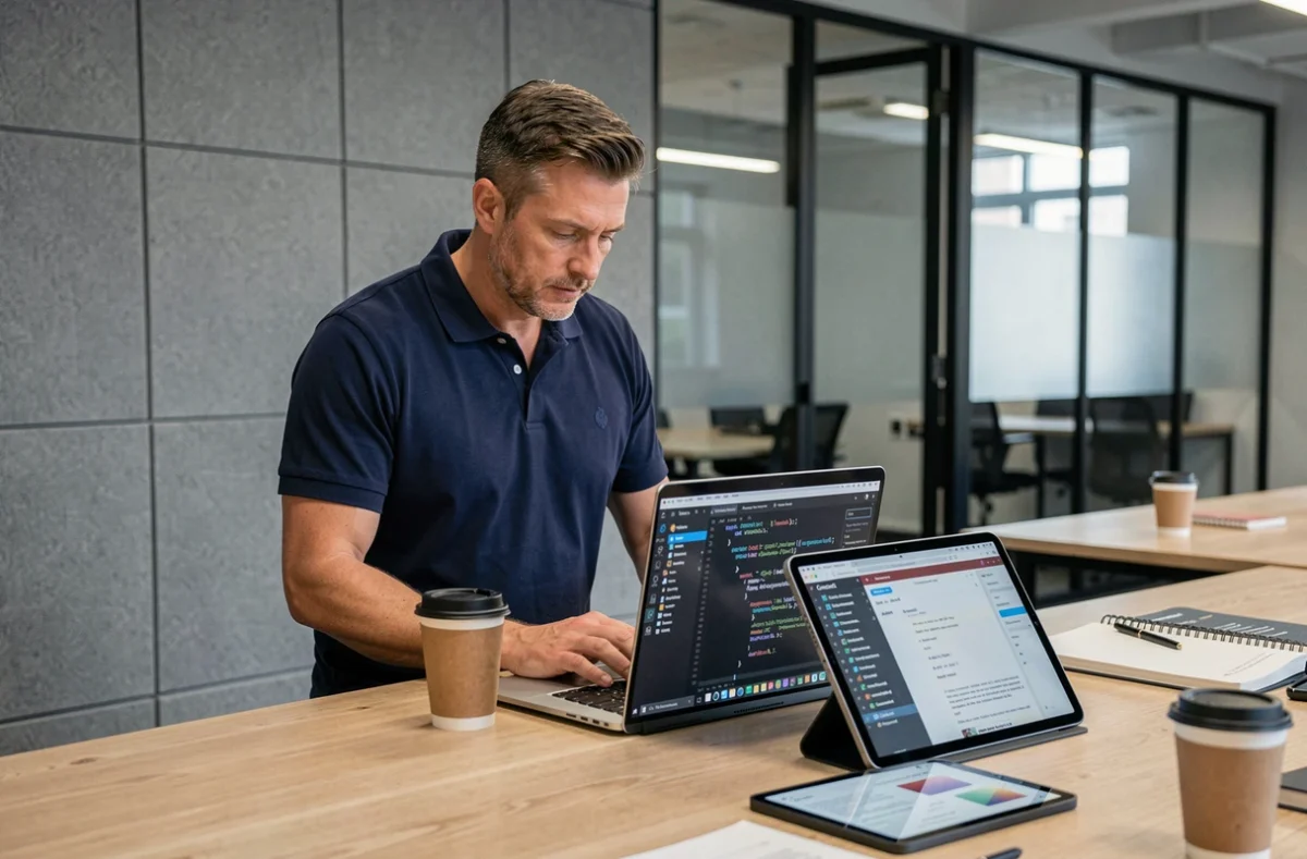 Développeur senior utilisant VS Code pour un projet .NET C# dans un espace de coworking