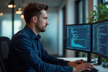 Jeune developpeur web au bureau avec deux ecrans