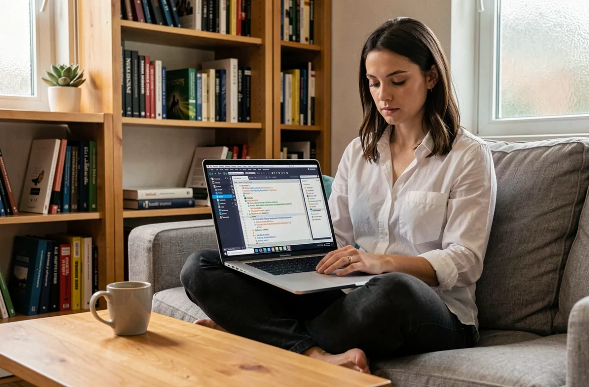 Développeuse travaillant sur un projet .NET dans Visual Studio depuis son bureau à domicile