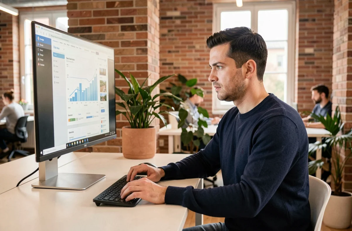 Développeur web de l'agence Eficiens travaillant sur une interface moderne dans un bureau contemporain