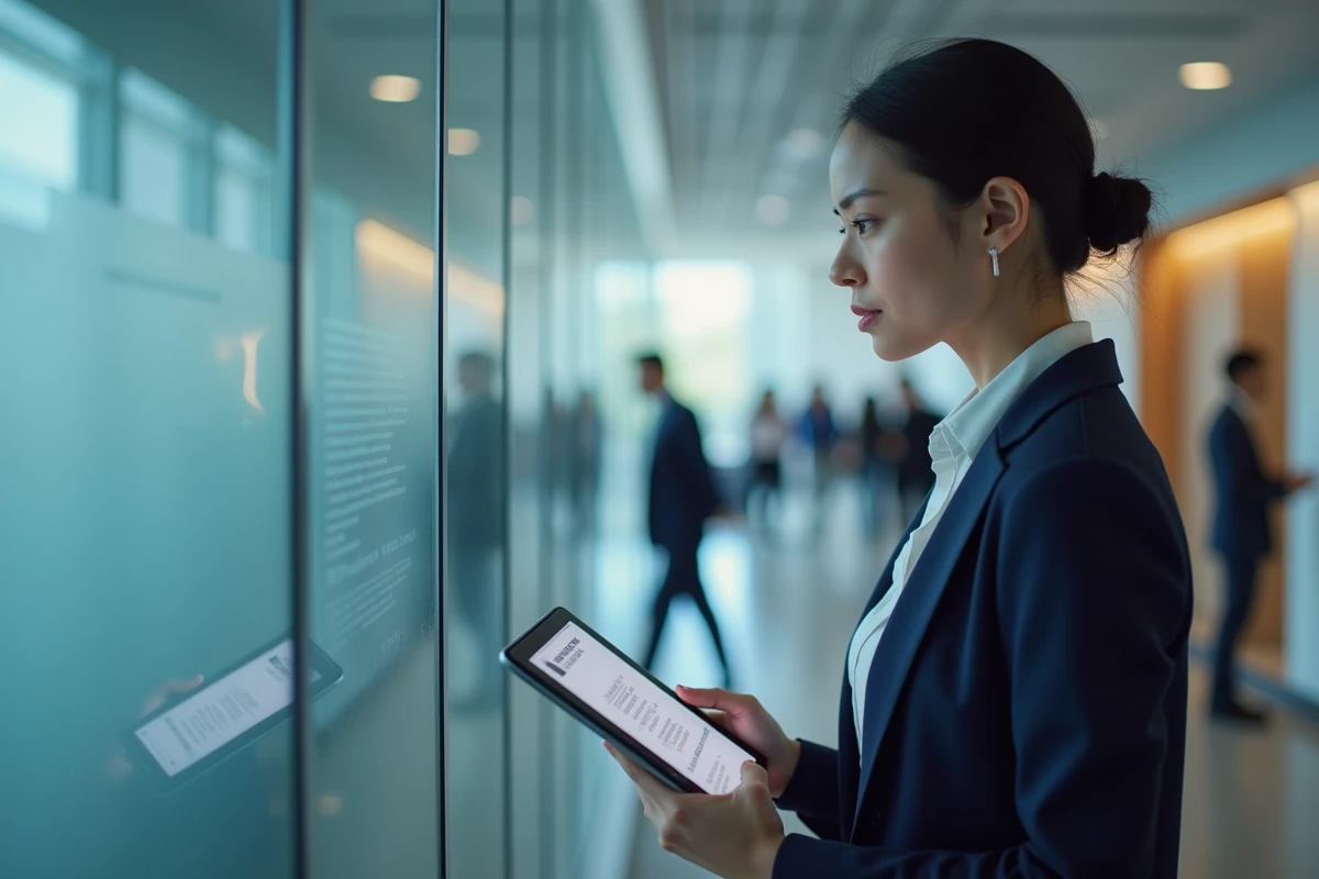Employée de la fonction publique consultant une messagerie sécurisée sur tablette dans un couloir administratif moderne