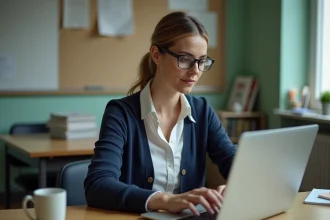Enseignante utilisant son webmail académique sur un ordinateur portable dans la salle des professeurs