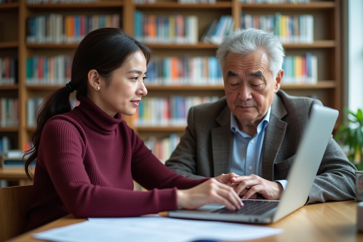 Deux enseignants collaborant sur leur messagerie académique webmail dans une bibliothèque scolaire