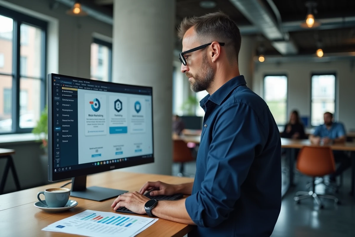Entrepreneur masculin analysant les tarifs d'hébergement web sur un grand écran dans un espace de coworking moderne