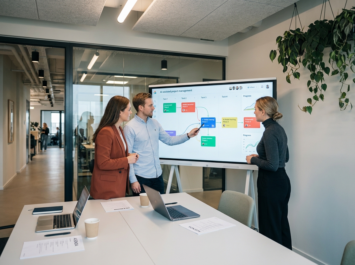 Équipe de professionnels collaborant autour d'un tableau de bord IA en salle de réunion, illustrant la gestion collective et le contrôle de projets assisté par intelligence artificielle