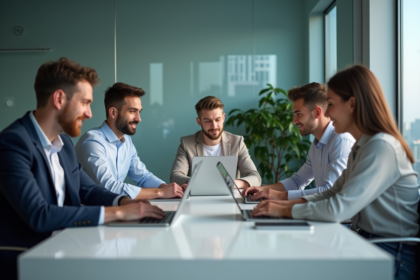 Groupe de professionnels en réunion dans un bureau moderne