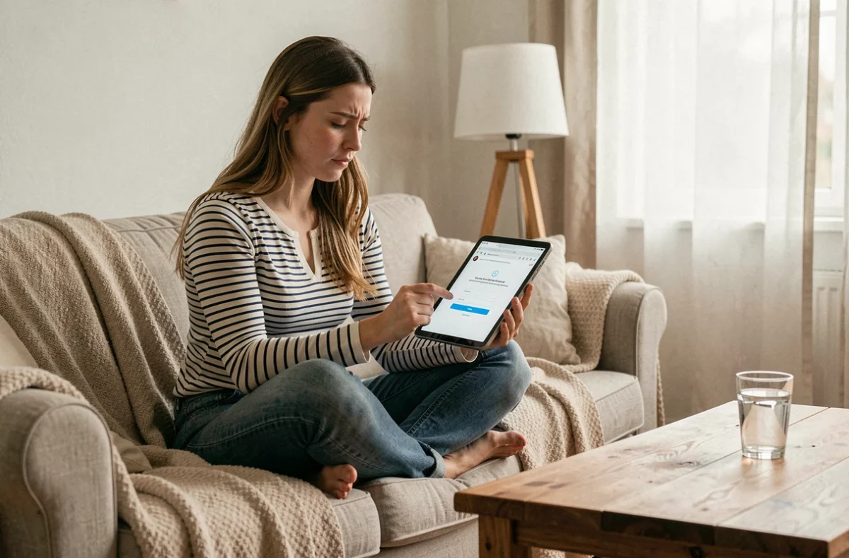 Jeune femme sur un canapé consultant un portail en ligne sur tablette avec un message d'erreur de connexion