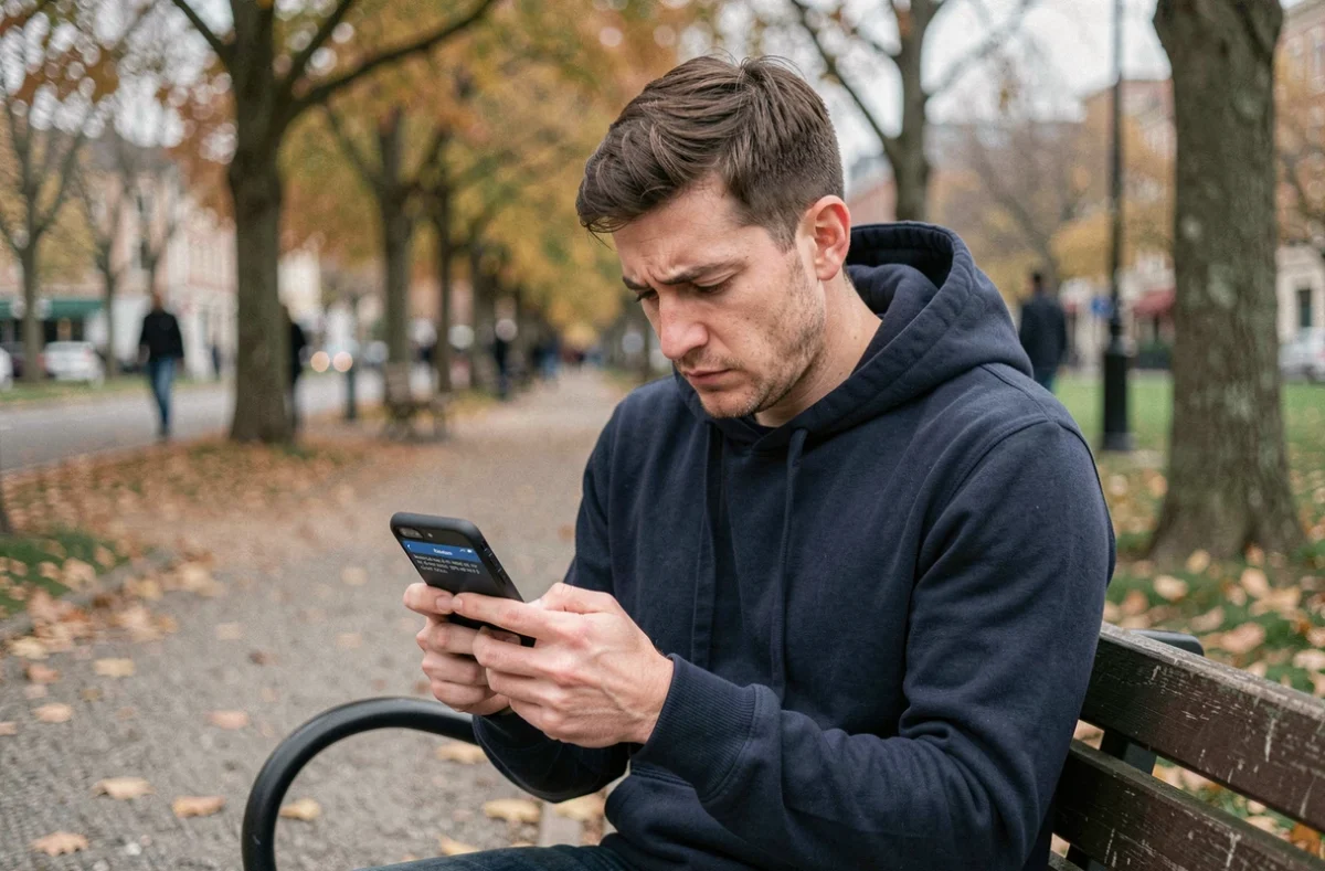 Homme assis sur un banc de parc consultant son téléphone avec une expression perplexe face à une story Instagram introuvable