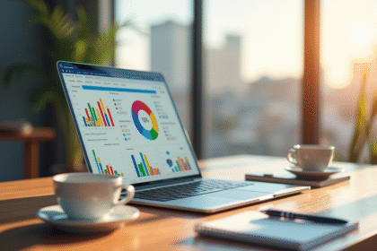 Espace de travail moderne avec un ordinateur portable affichant un tableau de bord email marketing