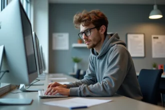 Jeune étudiant en informatique frustré devant son ordinateur