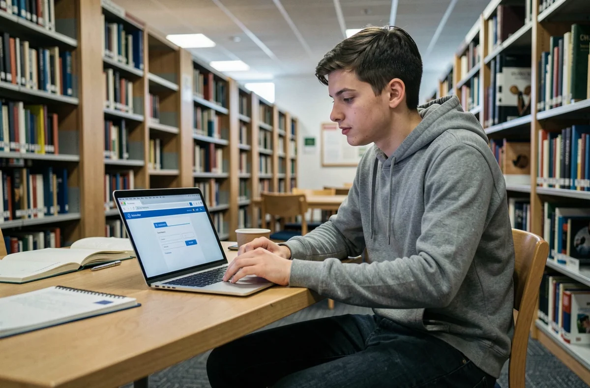 Étudiant consultant sa messagerie webmail universitaire sur un ordinateur portable dans une bibliothèque universitaire française
