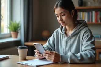 Étudiante configurant sa boîte mail académique de Nantes sur smartphone Android dans un appartement universitaire