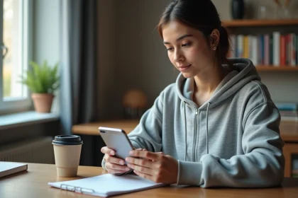 Étudiante configurant sa boîte mail académique de Nantes sur smartphone Android dans un appartement universitaire