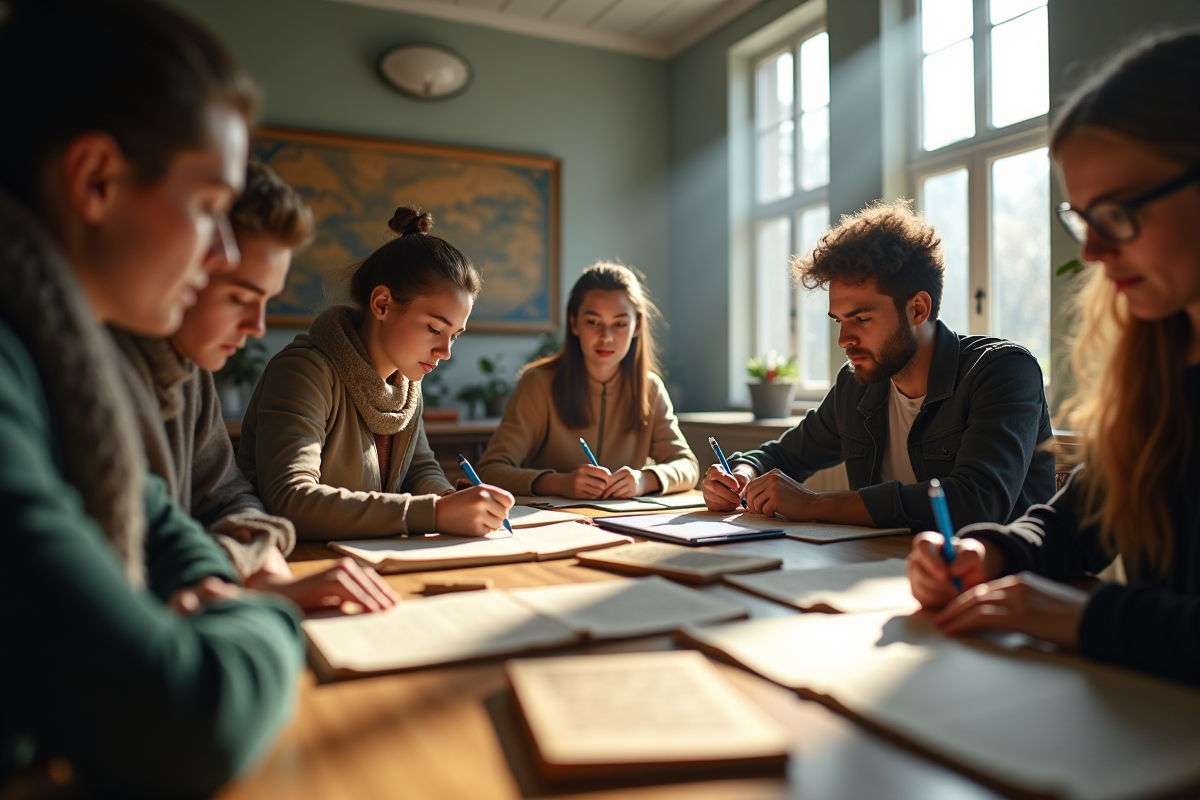 Étudiants collaborant dans une salle lumineuse avec manuscrits et tablettes