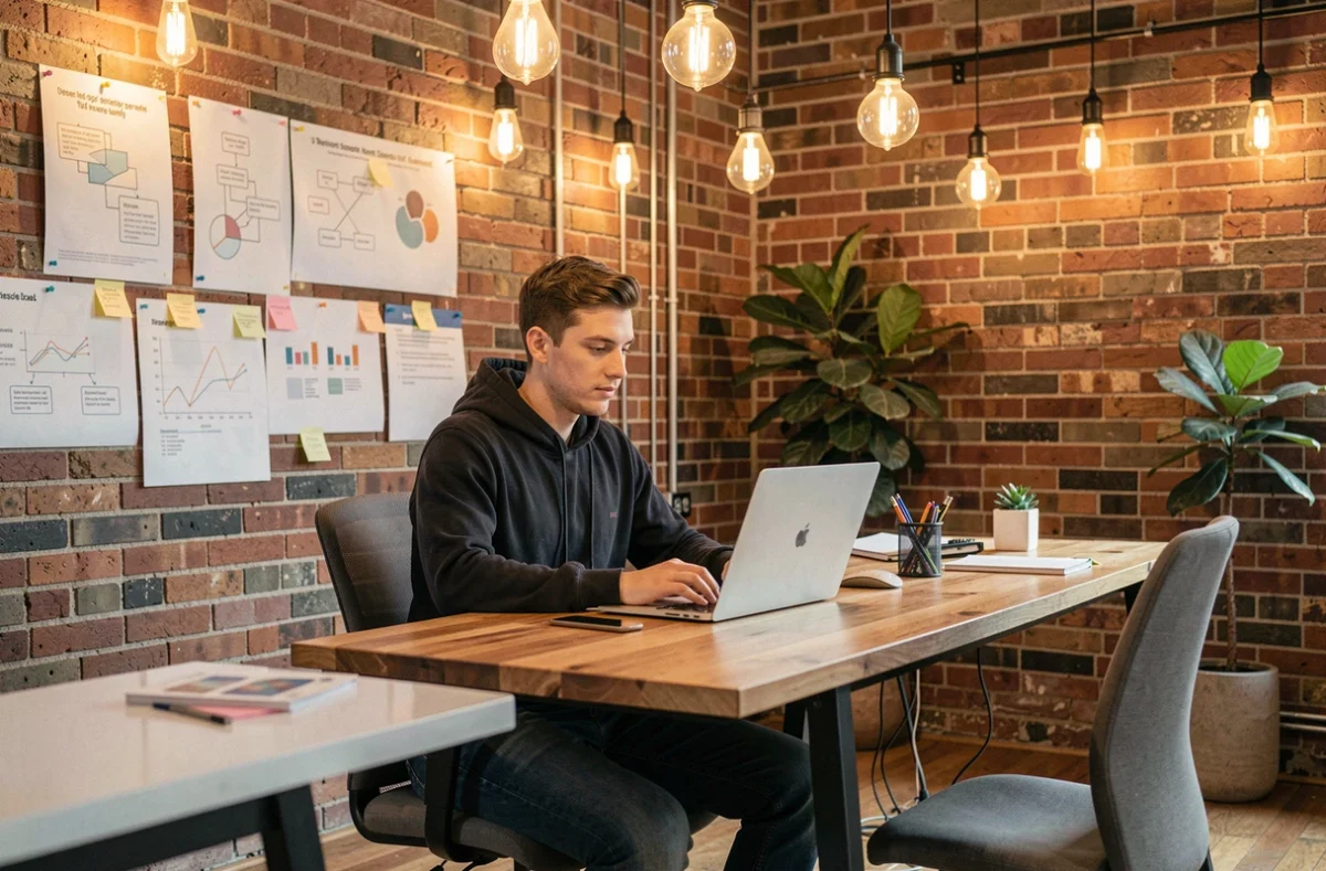 Développeur de l'agence Exploreum travaillant dans un espace créatif avec murs en briques et recherches UX affichées