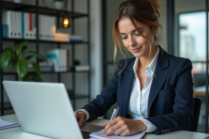Femme d'affaires analysant un tableau de bord digital dans un bureau moderne