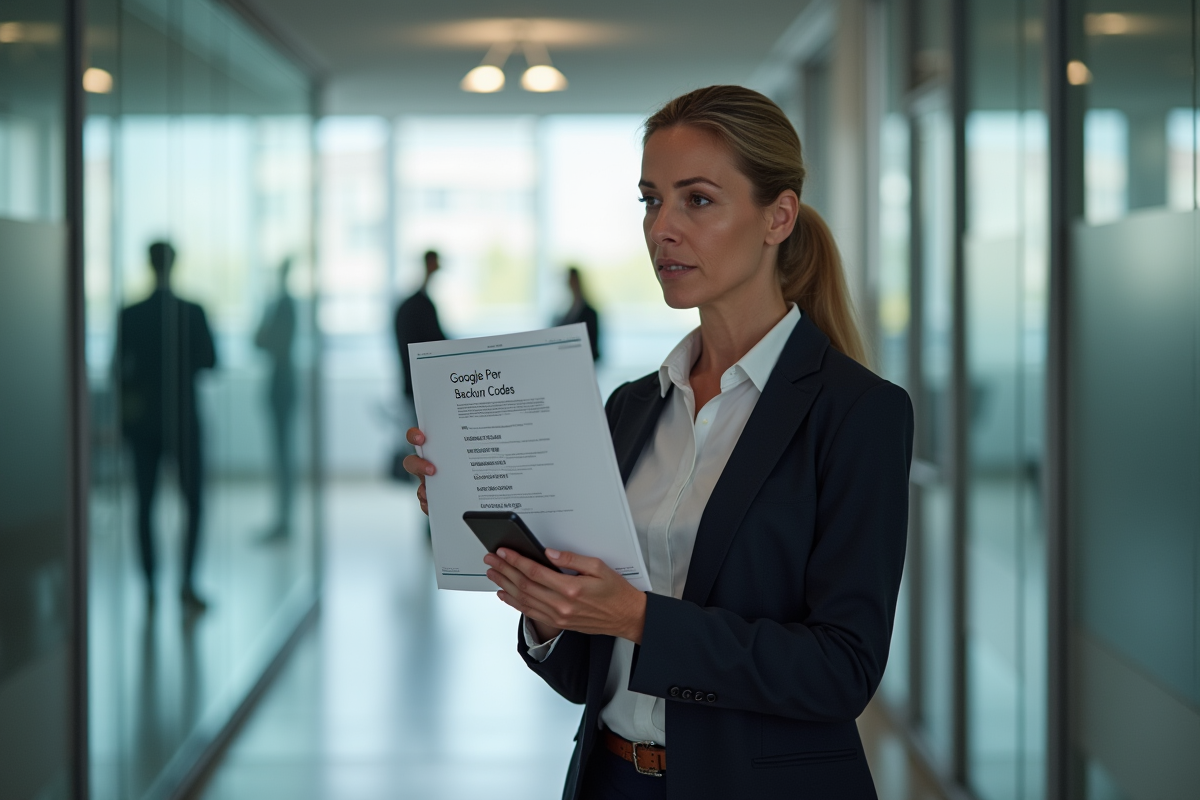 Femme d affaires tenant un document de codes Google dans un couloir professionnel