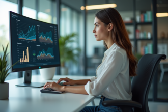 Jeune femme analysant des données sur un grand écran au bureau