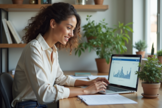 Jeune femme analysant des données publicitaires en ligne