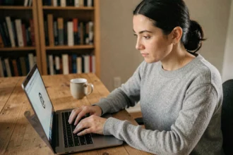Femme tapant le signe arobase sur un clavier d'ordinateur portable dans un bureau à domicile