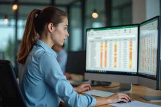 Femme au bureau analysant des doublons dans un tableau Excel sur grand écran