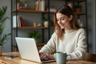 Femme détendue utilisant un ordinateur portable à la maison