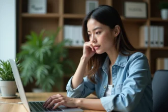 Femme concentrée sur son ordinateur au bureau