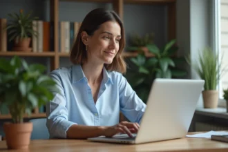 Femme d'affaires configure ses emails dans un bureau moderne