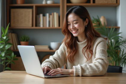 Jeune femme au bureau à domicile avec ordinateur et sourire