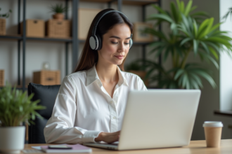 Femme concentrée avec casque dans un bureau lumineux