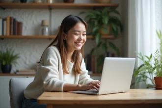 Femme détendue travaillant sur son ordinateur dans un bureau cosy