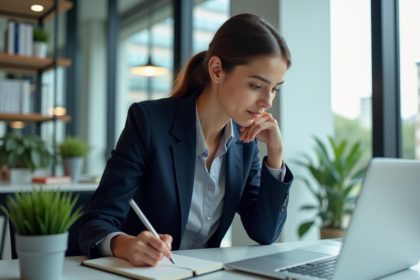 Femme en blazer bleu prenant des notes au bureau