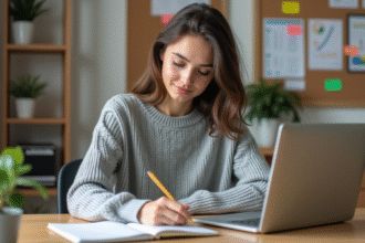 Jeune femme au bureau prenant des notes dans un espace lumineux