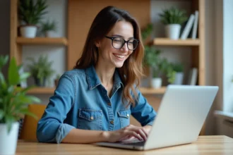 Femme souriante travaillant sur son ordinateur dans un bureau lumineux