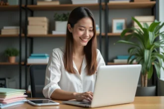 Jeune femme professionnelle travaillant sur son ordinateur dans un bureau moderne