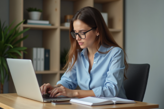 Femme en bureau moderne travaillant sur son ordinateur