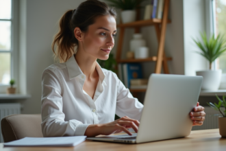 Femme française en bureau moderne ajoutant une note informative