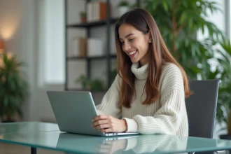 Jeune femme souriante au bureau avec tablette et ordinateur