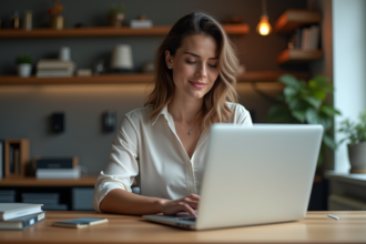 Femme en bureau moderne travaillant sur son ordinateur