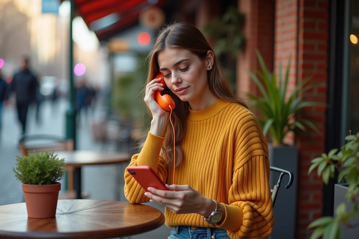 Femme utilisant un vieux téléphone orange dans un café urbain