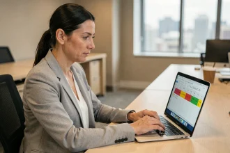 Femme professionnelle utilisant Excel sur un ordinateur portable pour calculer des augmentations en pourcentage dans un bureau moderne