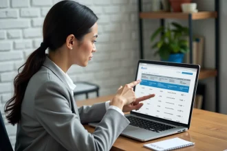Femme comparant des offres d'hébergement web sur un ordinateur portable avec un budget noté sur un carnet