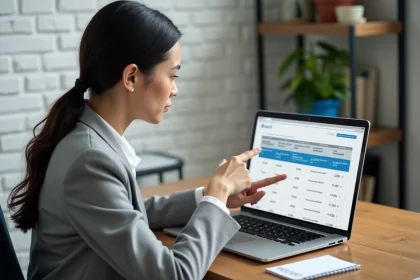 Femme comparant des offres d'hébergement web sur un ordinateur portable avec un budget noté sur un carnet