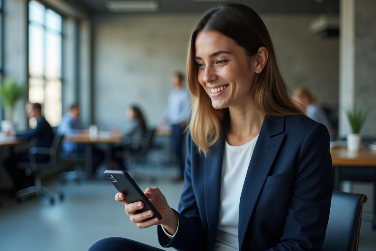 Femme analysant les tarifs d'un abonnement intelligence artificielle sur smartphone dans un espace de coworking