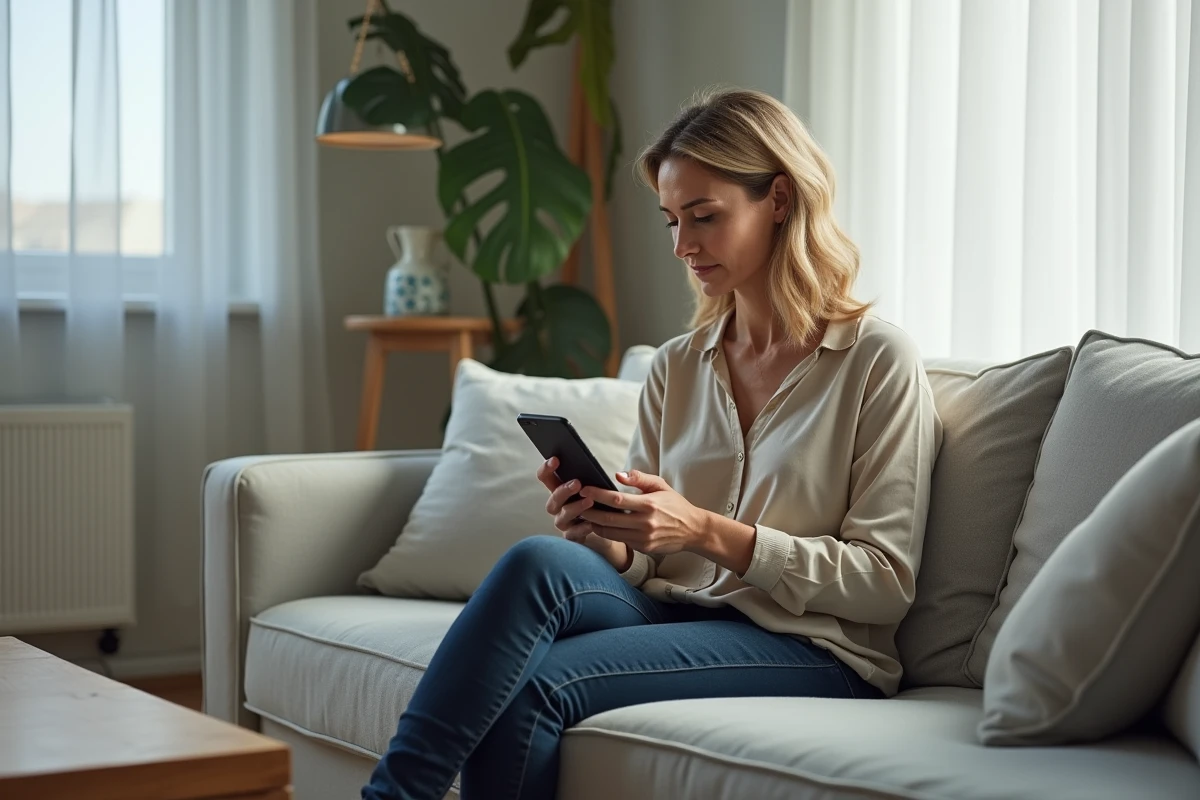 Femme configurant un message programmé sur WhatsApp depuis son salon à domicile