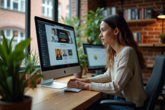 Jeune femme travaillant sur un design web responsive dans un bureau créatif
