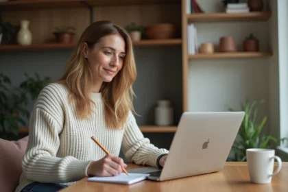 Femme regardant son portail scolaire sur ordinateur à la maison