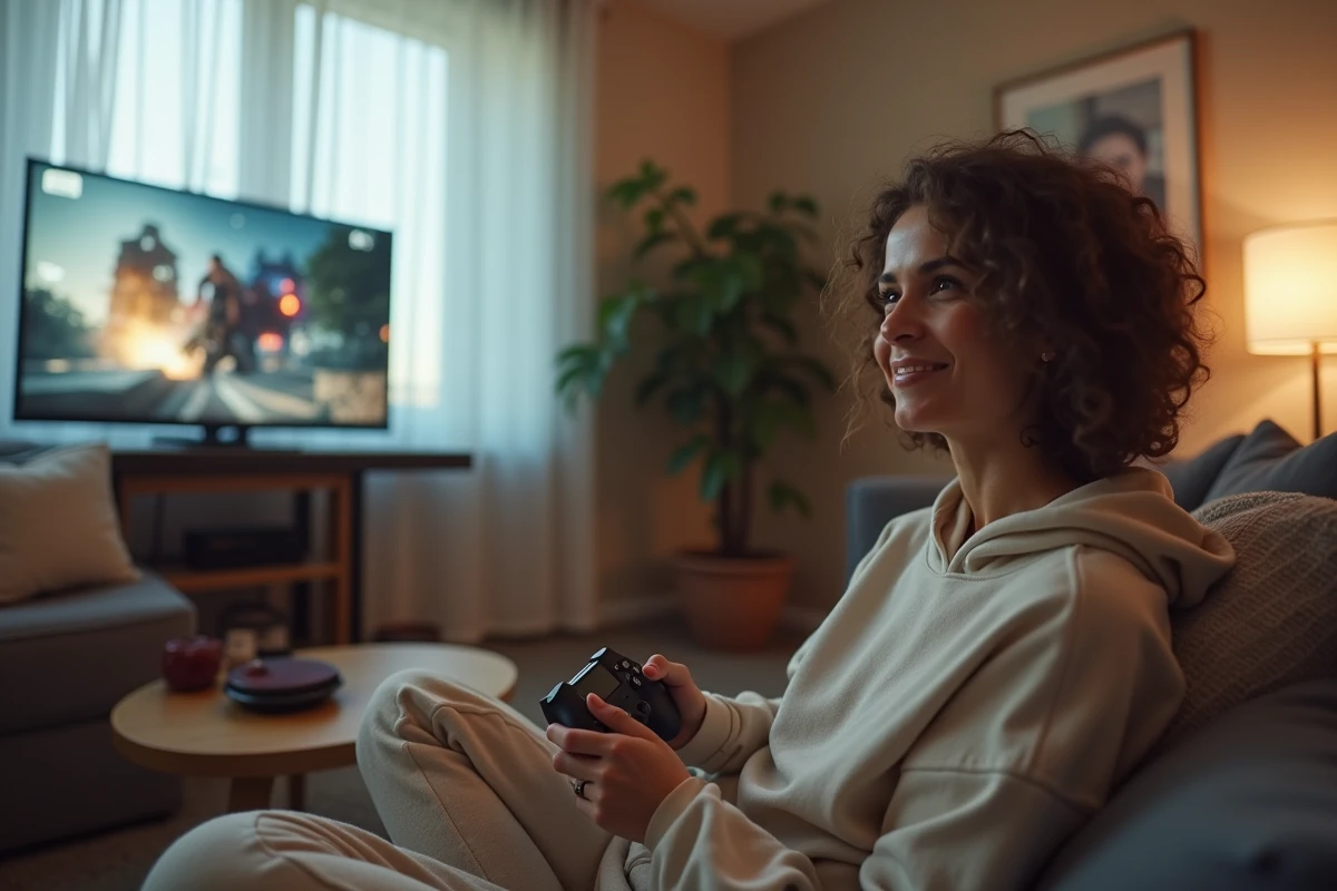 Femme joueuse détendue sur un canapé avec une manette sans fil devant un grand écran de jeu vidéo dans un salon confortable
