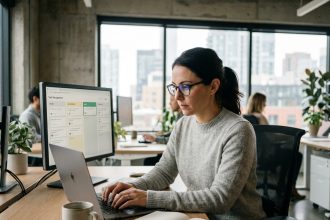 Femme professionnelle travaillant avec un outil d'IA sur ordinateur dans un bureau moderne, illustrant productivité et contrôle des projets