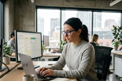 Femme professionnelle travaillant avec un outil d'IA sur ordinateur dans un bureau moderne, illustrant productivité et contrôle des projets